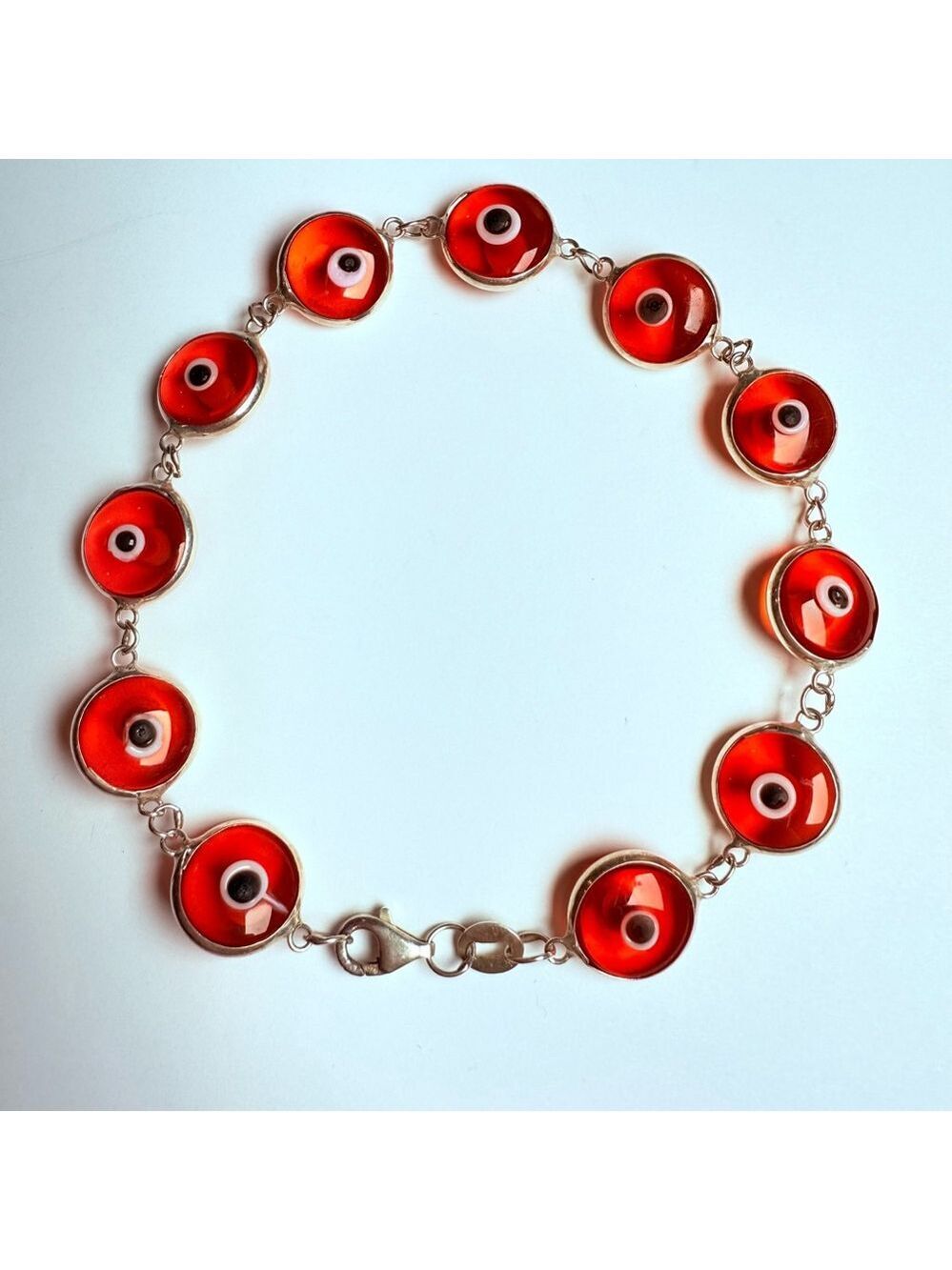 Evil Eye Amulet Orange Amber Glass Sterling Silver 925 Protection Bracelet